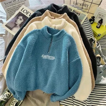 Autumn Winter Fleece Lined Half Zip up Stand Collar Sweatshirt Women's Loose Short Style Lamb Velvet Student Top Coat