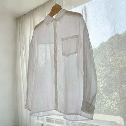 100% Ramie Thin Breathable Women Shirt Chic French Lapel Single-Breasted Cardigan Ladies Loose Simple Long-Sleeved Shirts