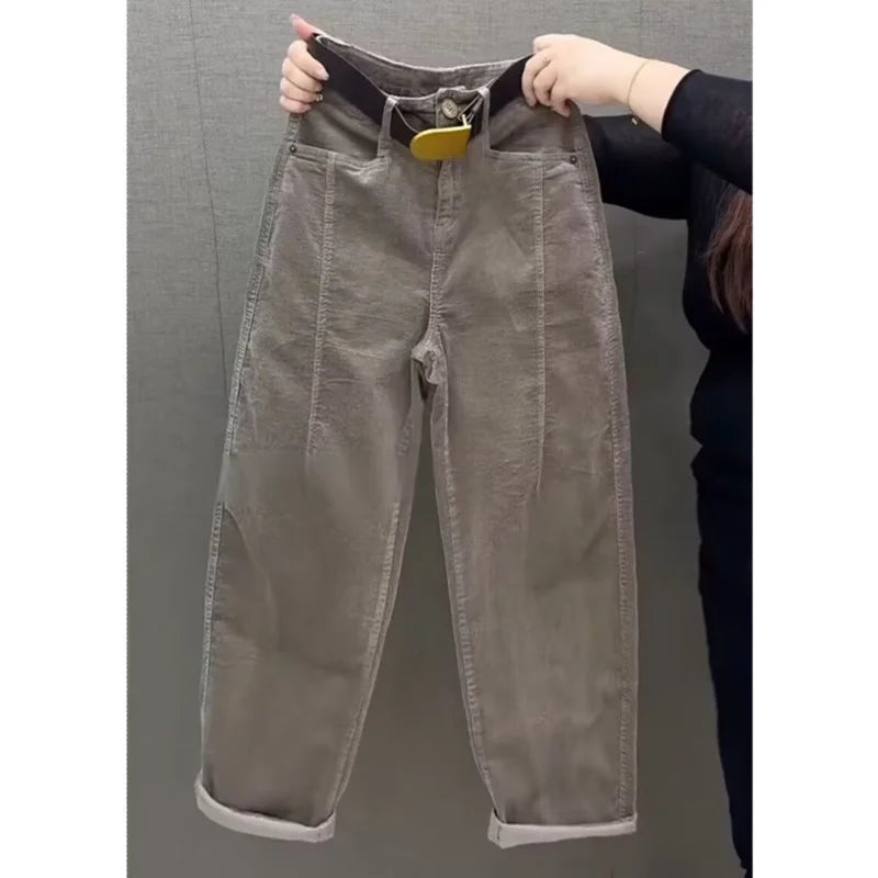 High Waist Cotton Corduroy Harlan Pants Slim Fit Casual Nine Point Knife  Straight Leg Crop Leisure Long Trousers