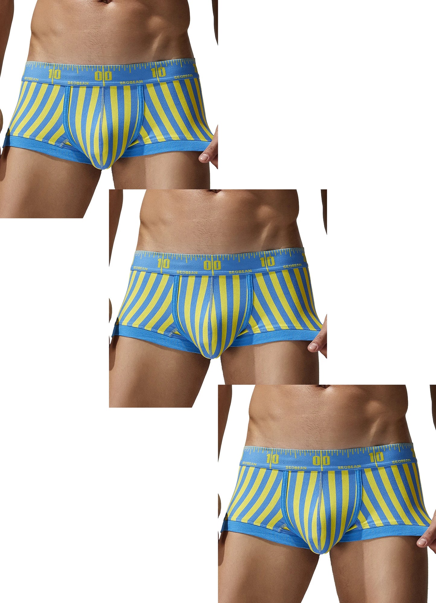 3-Pack SEOBEAN Men's Cotton Boxer Briefs U-Shaped Crotch Youth Vertical Stripes Breathable Comfortable Underwear