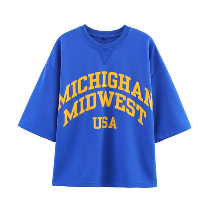 Preppy Style 2 Piece Blue Short Set for Women Washed Effect Text Cotton Short Sleeves Sweatshirt and Drawstring Waistband Shorts