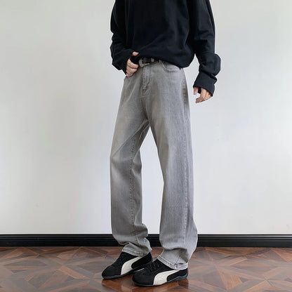 Men's Retro Faded Grey Jeans American Vintage Washed Elastic Denim Pants Loose Wide Leg Casual Streetwear Straight Jean Trousers