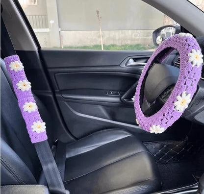 Warm Anti-Slip Hand Crocheted Flower Car Steering Wheel Cover Simple Stylish Winter Car Decor Safe Driving Seat Belt Accessory
