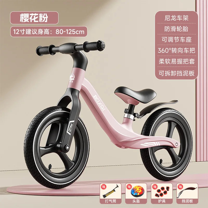 Kids Balance Bike No Pedal For 1 To 8 Yrs Old With Air Tires Nylon Fiberglass Frame Non Slip Silicone Grips Comfy Seat