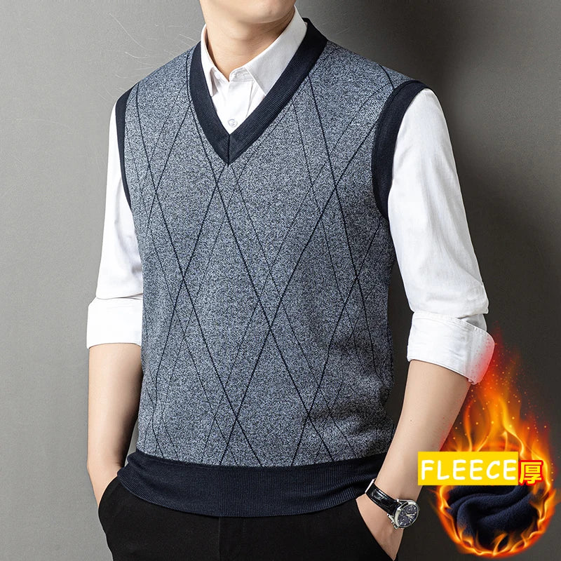 2026 New Men's Fleece Knitted Pullover Vest Spring Autumn Sleeveless V Neck Sweater Vest Button Front Knit Cardigan Vests Men