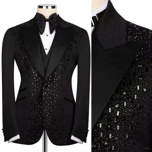 Luxury Suit 2 Pieces Set For Man Beading Tuxedos Lapel One Button Customized Blazer Casual Business Sequined Wedding Groom