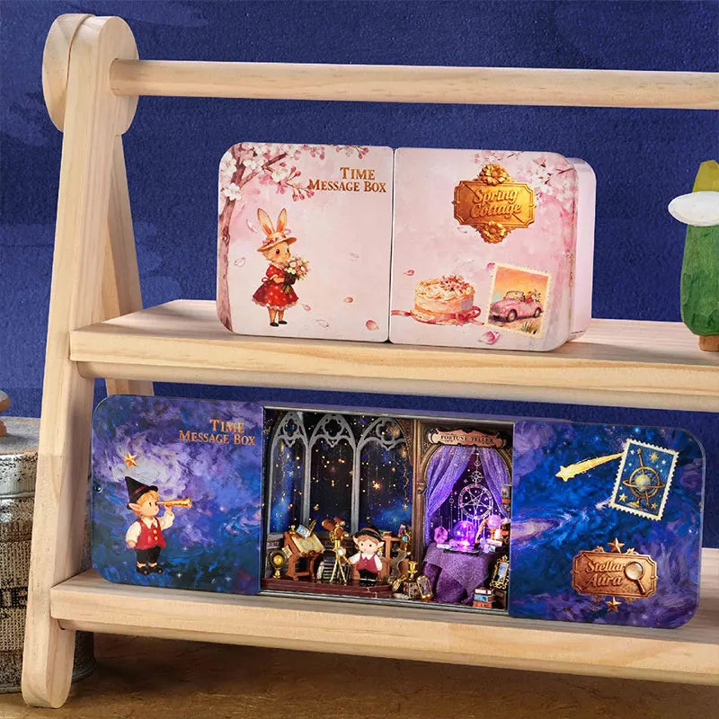 DIY Time Message Box Miniature Dollhouse Kit with LED Light Wooden Assembled Model Handmade Craft Puzzle Toy for Birthday Gifts