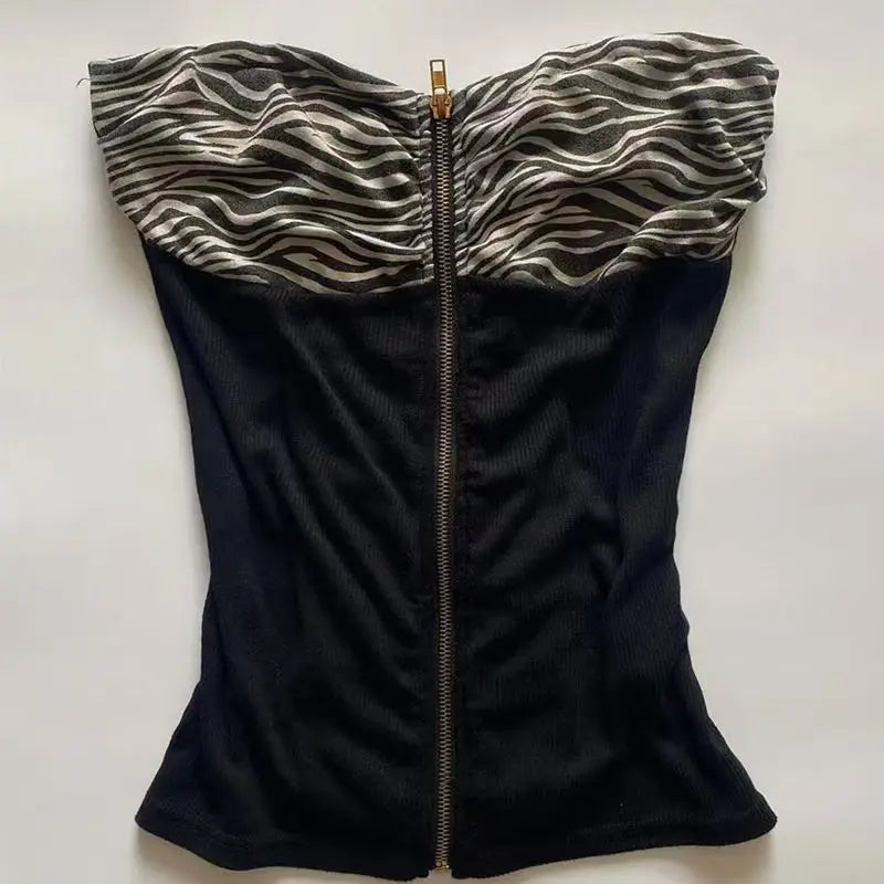 Retro Hottie Slim Strapless Vests American Subculture Leopard Stitching Tanks Tops Punk Harajuku Zipper Design Women's Sexy Vest