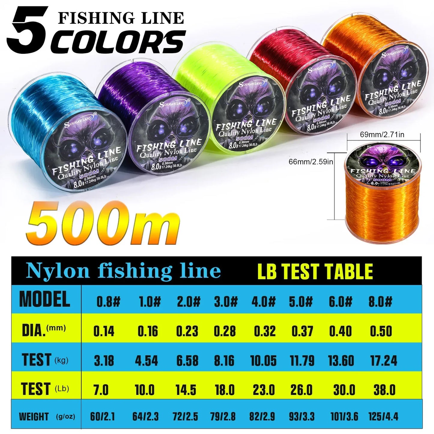 Sougayilang Nylon Fishing Line Strong Tensile and Wear-resistant Fishing Line 500m Capacity Freshwater Saltwater Fishing Line
