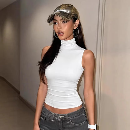Women's Sexy Turtleneck Backless Tank Top 2026 Summer Fashion Solid Color Skinny Sleeveless T-Shirt Female Streetwear Crop Top