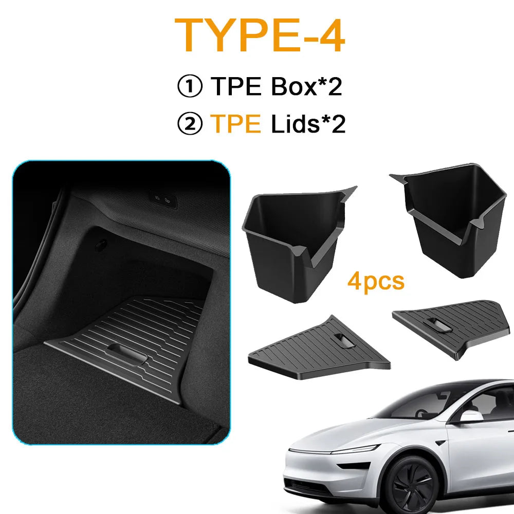 For Tesla Model Y Juniper Trunk Organizer Side Storage Box Bin Organizer Flocked TPE Mat Anti-dirty 2025 2026 Travel Accessories