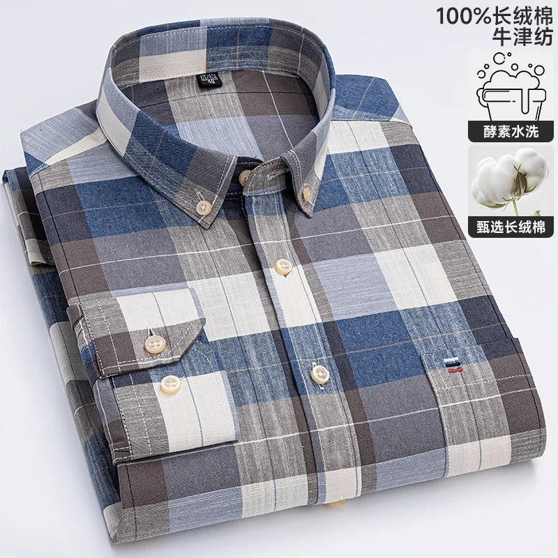 100% cotton men's long-sleeved shirt, casual plaid cotton shirt for young and middle-aged people, large size, authentic shirt