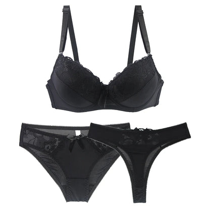 2024 New Sexy Push Up Bra Sets Lace Middle Mold Cup 2 Piece Thongs Underwear Solid Bow BCDE Female Plus Size Lingerie