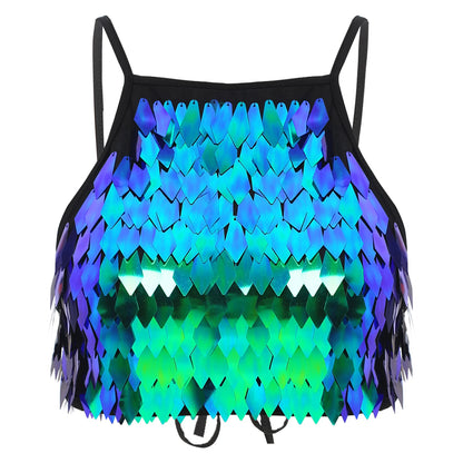 Shiny Sequin Tassel Bra Top Sexy Mini Lace-up Tank Top Camisole for Women Dancing Nightclub Crop Top Vests Bralettle Clubwear