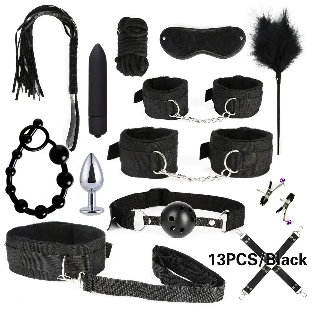 Sex Products Erotic Toys for Adults BDSM Sex Bondage Set Handcuffs Nipple Clamps Gag Whip Rope Sex Toys For Couples
