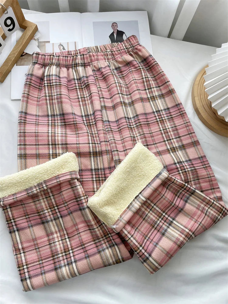 Women Plaid Pants High Waist Wide Leg Flared Trousers Thick Fleece Lined Winter Thermal Lounge Casual Straight Leg Bottoms