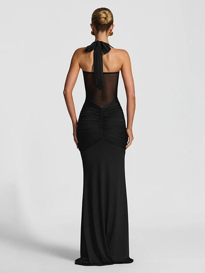 kliou Patchwork Elegant Women Maxi Dress Classic Sexy Sheer Ribbons Halter Backless Bodycon Female Trend Festival Evening Wear
