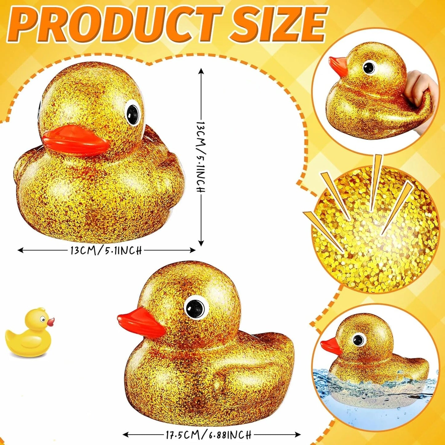 6 Inch Golden Glitter Rubber Duck - Oversized Squeaky Duck Dashboard Ornaments
