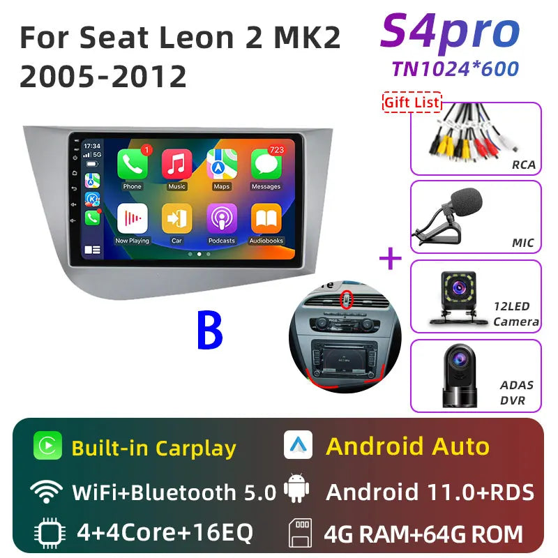 Jundof Car radio For Seat Leon 2 MK2 2005-2012 Carplay Android auto Qualcomm Car stereo Multimedia player 4G Wifi DSP 36EQ RHD