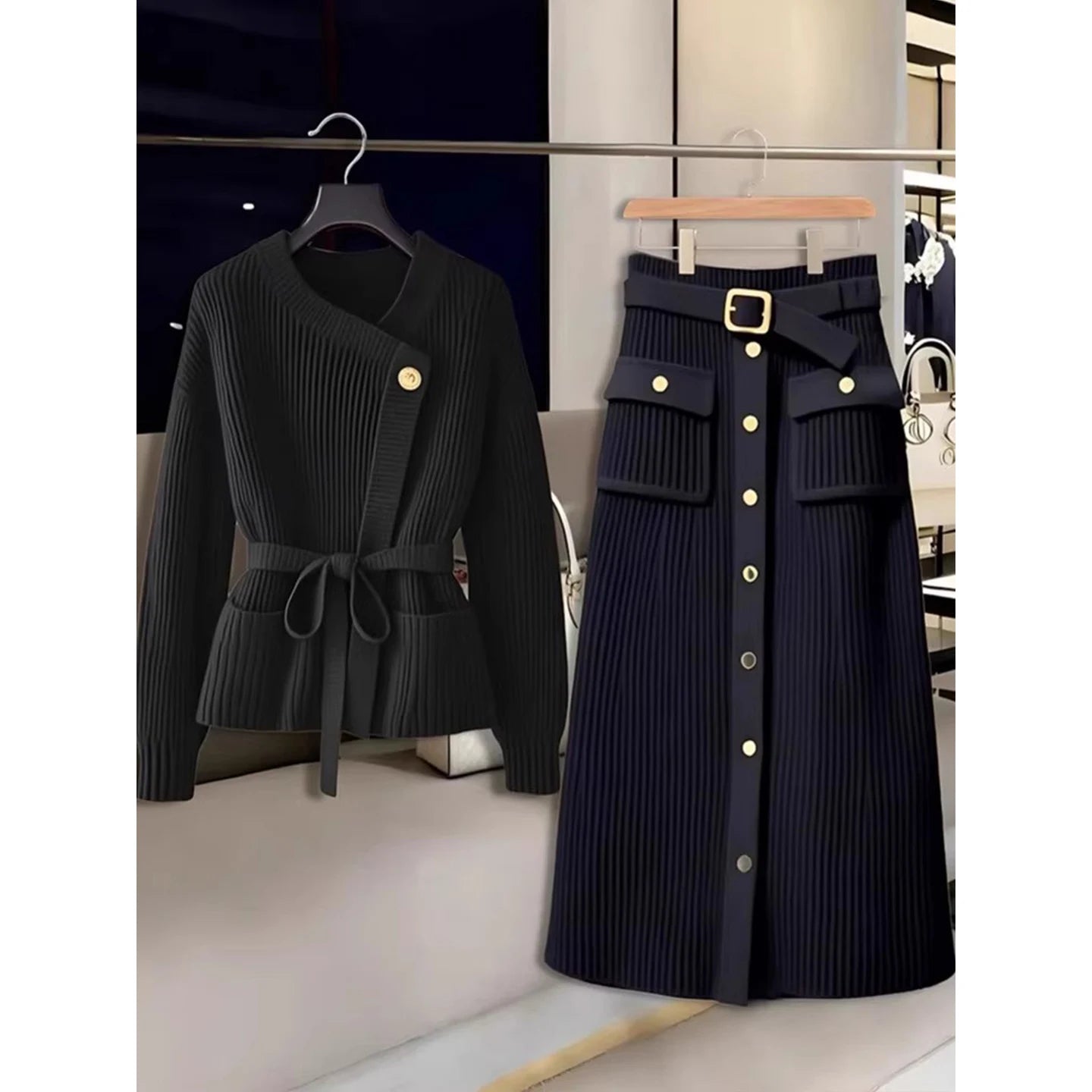 Elegant Autumn Winter Knitted Sweater Long Sleeve Women's Skirt Set High Waist Loose Fit Fashionable Two-Piece Ensemble