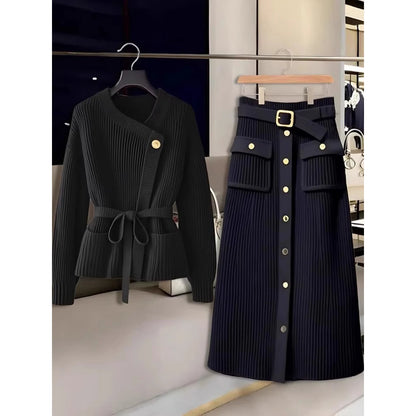 Elegant Autumn Winter Knitted Sweater Long Sleeve Women's Skirt Set High Waist Loose Fit Fashionable Two-Piece Ensemble