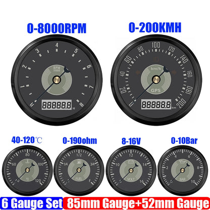 Retro 6 Gauge Set 160KMH,200KMH 85mm GPS Speedometer Gauge 8000RPM Tachometer 52mm Water Temp Oil Pressure Fuel Meter Voltmeter