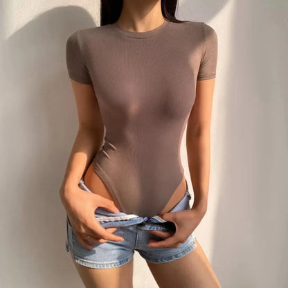 Summer Short Sleeve O-neck Knitted Bodysuits Women Stretchable Slim Basic Solid Color Tops