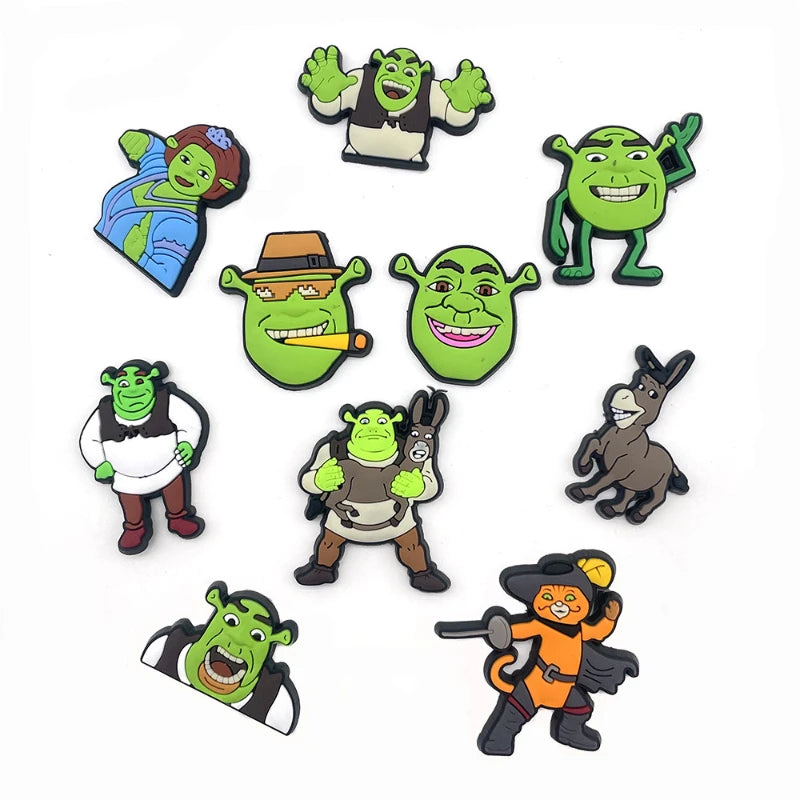 10PCS Shrek Cartoon Shoes Charms Set Fiona Donkey Puss in Boots Shoe Decorations for Clogs Sandals Funny Movie Shoe Accessories