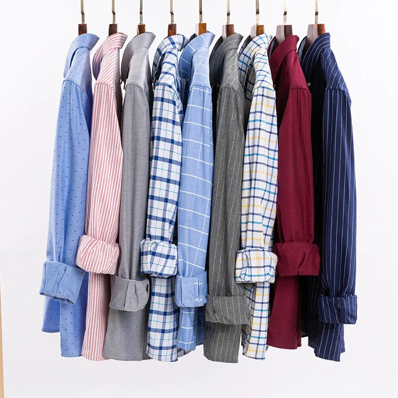 100% Cotton Oxford Casual Shirts For Men Long Sleeved Plaid Striped Soft Regular Fit Formal Single Pocket Social Fashion Blouses