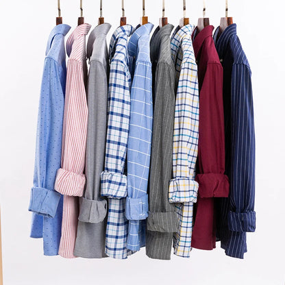 100% Cotton Oxford Casual Shirts For Men Long Sleeved Plaid Striped Soft Regular Fit Formal Single Pocket Social Fashion Blouses