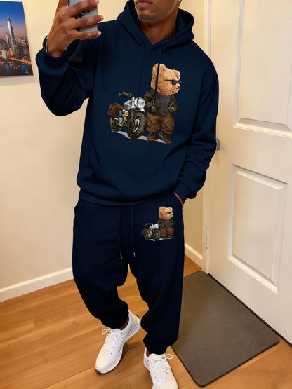 Ride Motorcycle Jacket Cool Bear Print Men Hoody Suit Fashion Autumn Sweatshirts All-Match Casual Sweatpant Comfy Jogging Pants