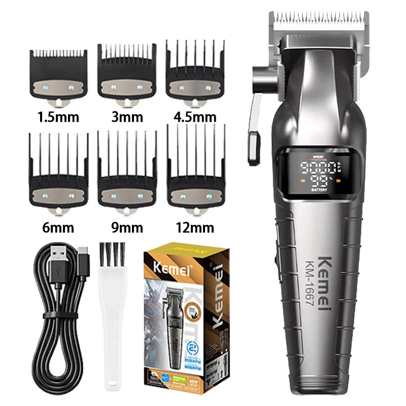 Kemei KM-1667 Trimmer Professional 10W 9000RPM Motor Rechargeable Hair Clippers DLC blades LED Display Trimmer Man