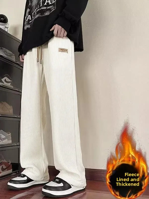 Men's Winter Thickened Fleece Lined Corduroy Wide Leg Sporty Casual Pants Loose Fit Straight Leg Long Trousers Fashionable Yo...