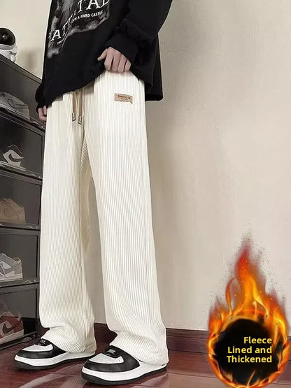 Men's Winter Thickened Fleece Lined Corduroy Wide Leg Sporty Casual Pants Loose Fit Straight Leg Long Trousers Fashionable Yo...