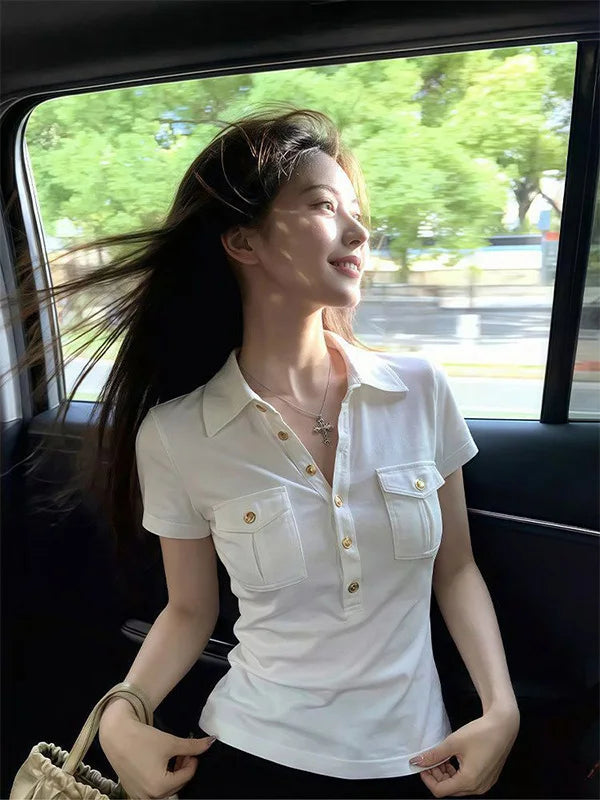 American Retro White  Collar Short Sleeve T-Shirt Women Summer Slimming Waist Short Style Spicy Girl Top Cotton Blend