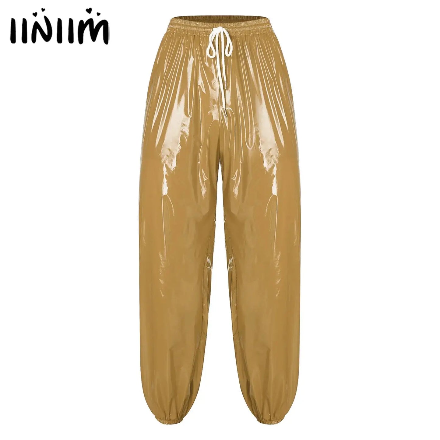 Mens Shiny Waterproof Jogging Pants Y2K Drawstring Elastic Waistband Side Pockets Track Baggy Glossy Pants Hip Hop Trousers