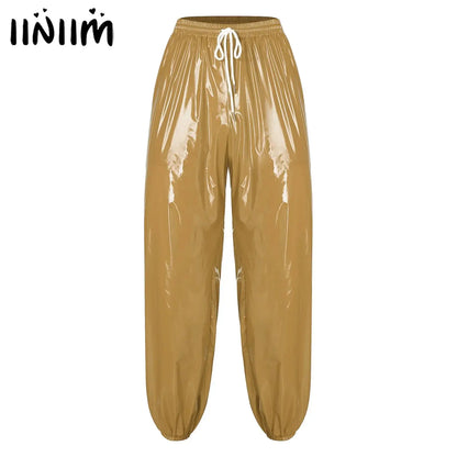 Mens Shiny Waterproof Jogging Pants Y2K Drawstring Elastic Waistband Side Pockets Track Baggy Glossy Pants Hip Hop Trousers