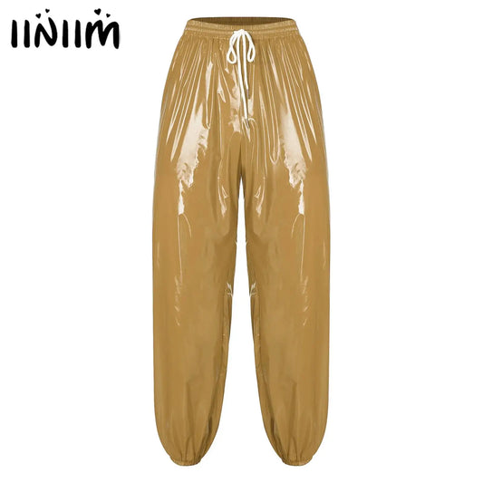 Mens Shiny Waterproof Jogging Pants Y2K Drawstring Elastic Waistband Side Pockets Track Baggy Glossy Pants Hip Hop Trousers