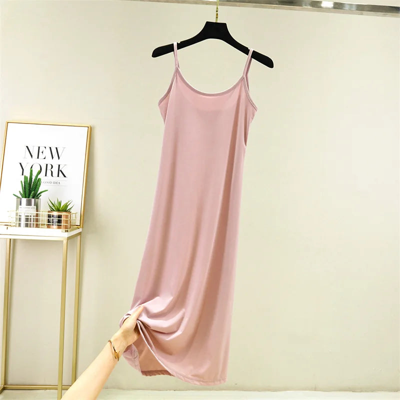 Summer Thin Ice Silk A-Line Dress Women's Casual Long Gown Inner Wear Vest Dress plus Size Korean Style Loose Waist Design