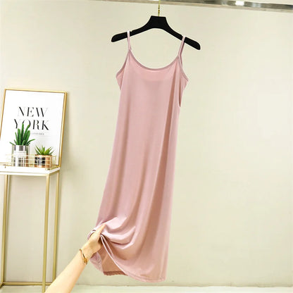 Summer Thin Ice Silk A-Line Dress Women's Casual Long Gown Inner Wear Vest Dress plus Size Korean Style Loose Waist Design