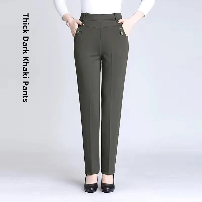 High Waist Fleece Lined Slimming Pants for Middle-Aged And Elderly Women Casual Long Pants Straight Leg Elastic Ankle Pants