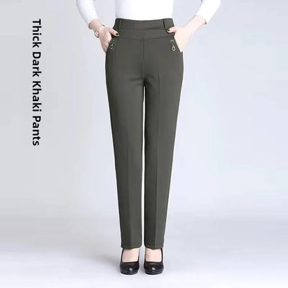 High Waist Fleece Lined Slimming Pants for Middle-Aged And Elderly Women Casual Long Pants Straight Leg Elastic Ankle Pants