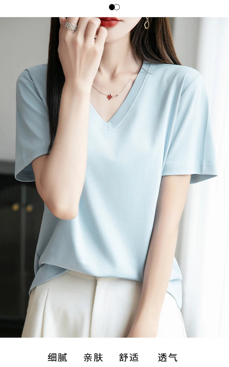 2026 Summer New Pure Cotton V-neck Short-sleeved T-shirt Women's Solid Color Joker Pullover Shirt with Loose Sleeve Bottom Shirt