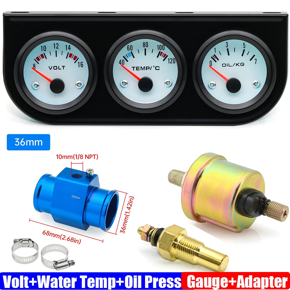 3IN1 Triple Meter Kits Gasoline Car 12V 52mm Voltage+Water Temp+Oil Pressure Gauge with Sensor Radiator Hose Adapter 26MM-40MM