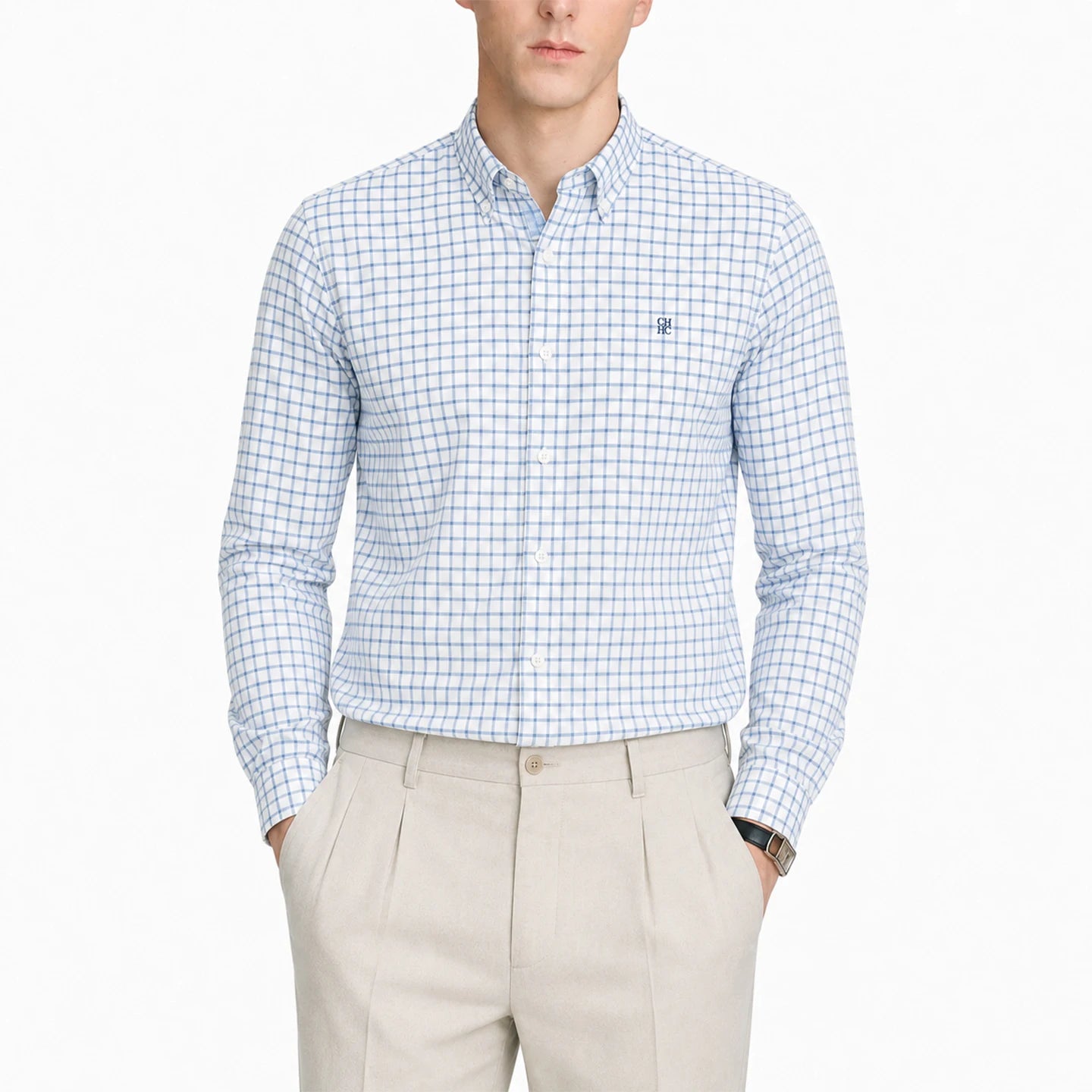 CH Men's Blue Plaid Long Sleeve Shirt Lapel Collar Embroidery Logo Cotton Shirts Business Formal Casual Daily Wear Button Down