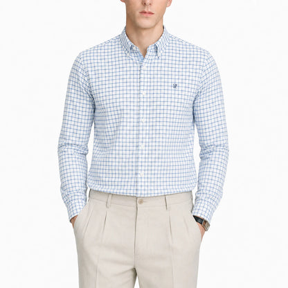 CH Men's Blue Plaid Long Sleeve Shirt Lapel Collar Embroidery Logo Cotton Shirts Business Formal Casual Daily Wear Button Down