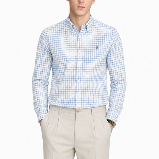 CH Men's Blue Plaid Long Sleeve Shirt Lapel Collar Embroidery Logo Cotton Shirts Business Formal Casual Daily Wear Button Down