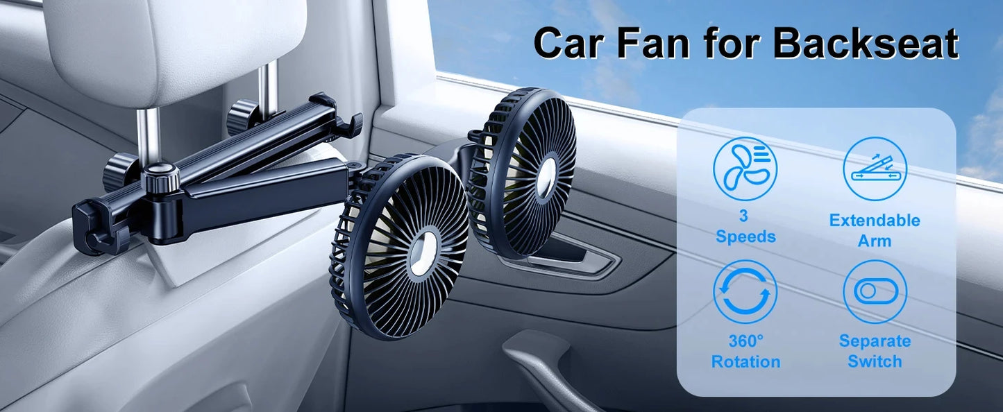 Hipacool Extension Arm Dual-Head Fan for Car Headrest 360° Rotation Air Cooling Fan Angle Adjustable 3-Speed Wind Brushless Fan