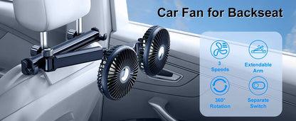 Hipacool Extension Arm Dual-Head Fan for Car Headrest 360° Rotation Air Cooling Fan Angle Adjustable 3-Speed Wind Brushless Fan