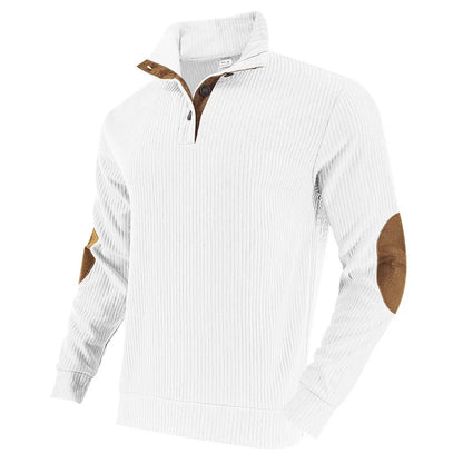 Men's Ribbed Henley Sweater Half Zip Pullover with Elbow Patches Stand Collar Long Sleeve Casual Retro Autumn Top